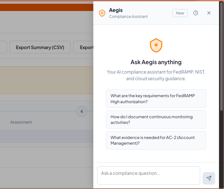 Aegis chat panel anchored to the bottom-right of TekRamp showing a conversational response with source citations