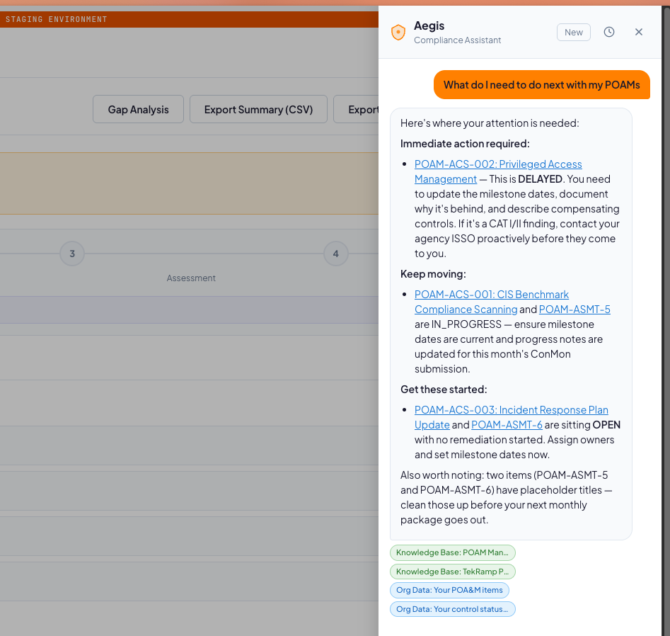 Aegis pop-out workspace showing multi-turn chat, source citations, and an Insert into SSP action